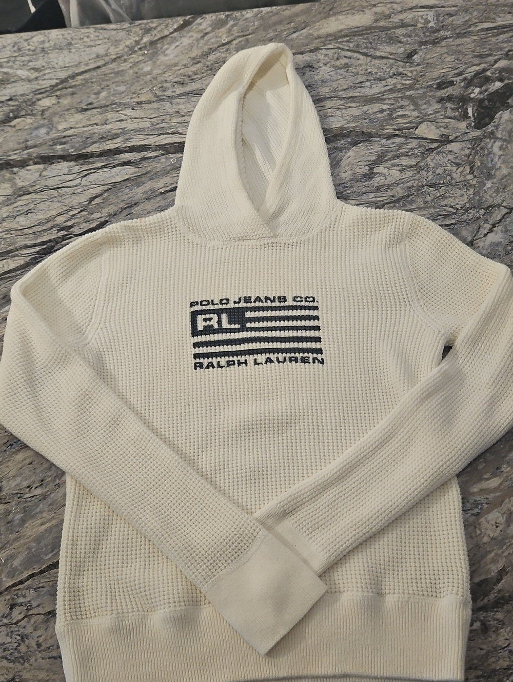 Ralph Lauren Cream Waffle-Knit Hoodie with Navy Logo